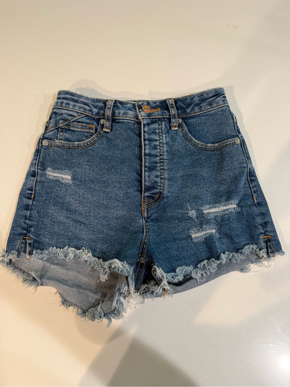 Free People Medium Blue Distressed Raw Hem Denim Shorts